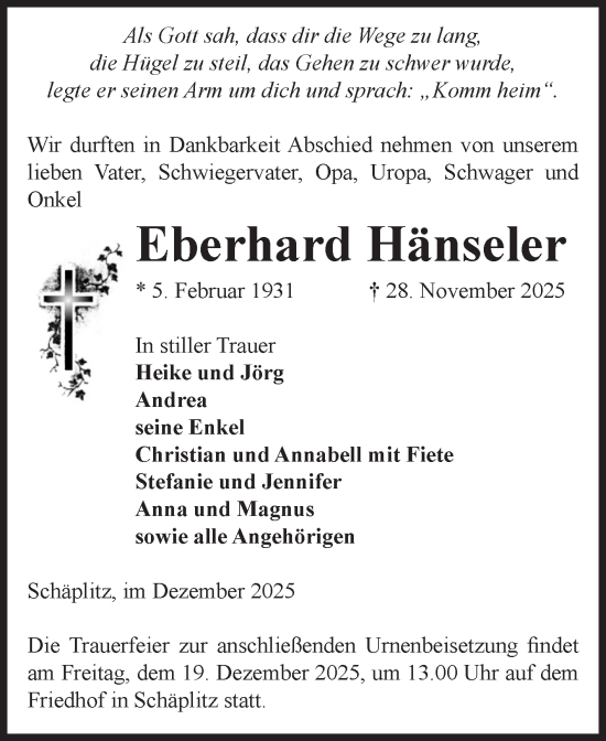 Traueranzeige von Eberhard Hänseler von Volksstimme Altmark Ost