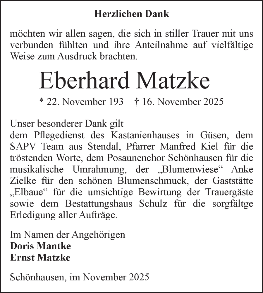  Traueranzeige für Eberhard Matzke vom 29.11.2025 aus Volksstimme Altmark Ost