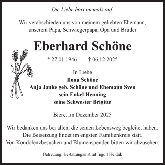 Traueranzeige von Eberhard Schöne von Volksstimme Schönebeck