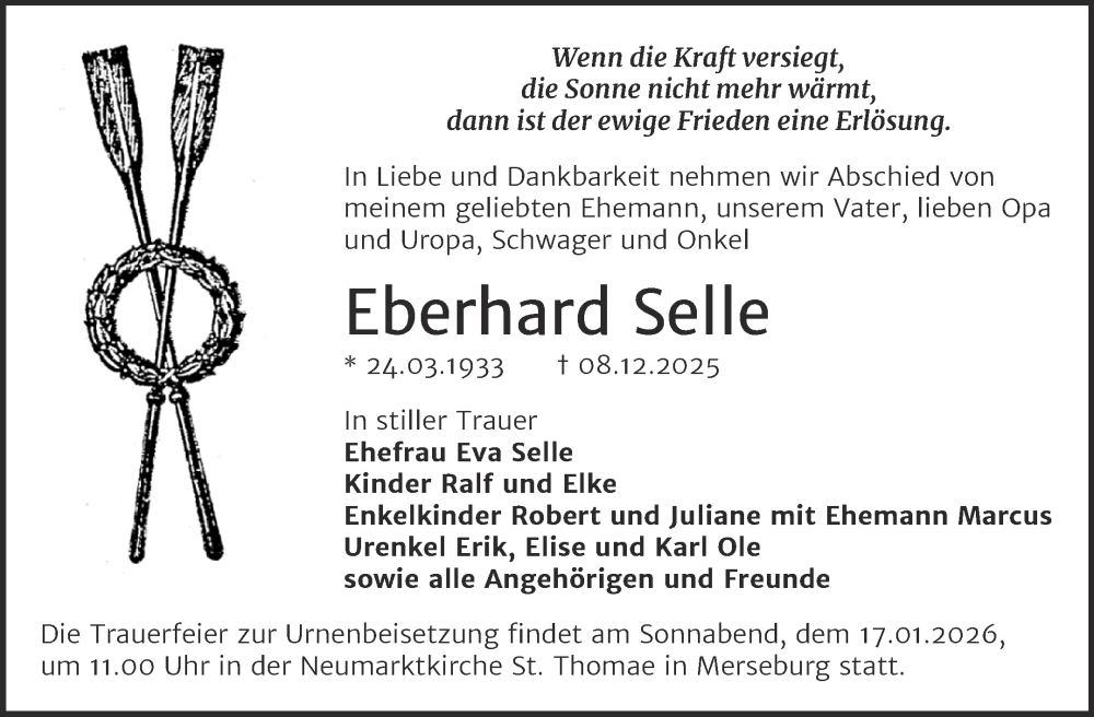  Traueranzeige für Eberhard Selle vom 20.12.2025 aus Trauerkombi Merseburg