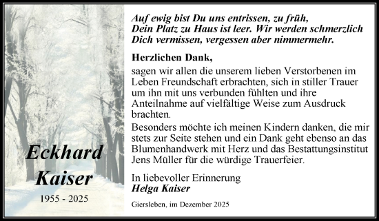 Traueranzeige von Eckhard Kaiser von Trauerkombi Aschersleben