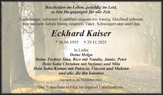 Traueranzeige von Eckhard Kaiser von Trauerkombi Aschersleben