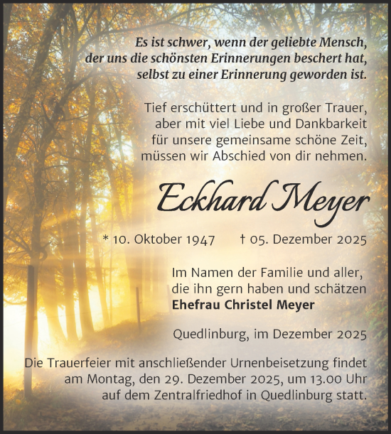 Traueranzeige von Eckhard Meyer von Trauerkombi Quedlinburg