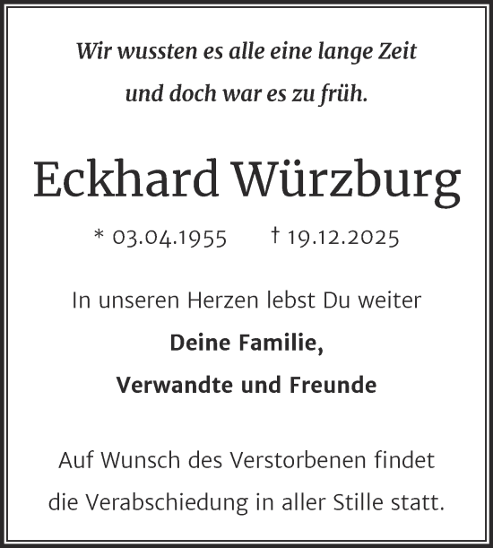 Traueranzeige von Eckhard Würzburg von Trauerkombi Sangerhausen