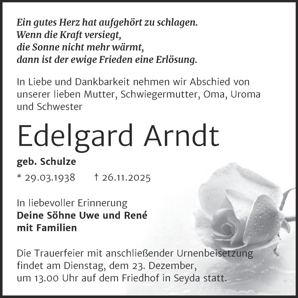  Traueranzeige für Edelgard Arndt vom 06.12.2025 aus Trauerkombi Wittenberg