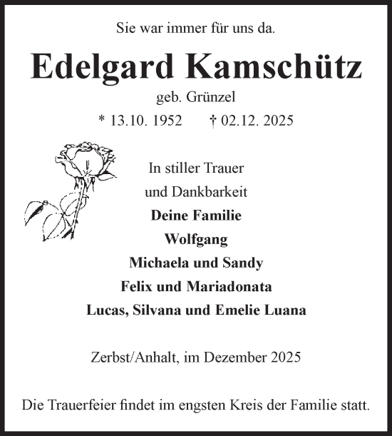 Traueranzeige von Edelgard Kamschütz von Volksstimme Zerbst