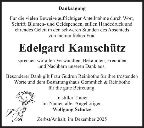 Traueranzeige von Edelgard Kamschütz von Volksstimme Zerbst