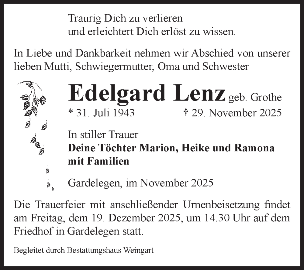  Traueranzeige für Edelgard Lenz vom 06.12.2025 aus Volksstimme Altmark West