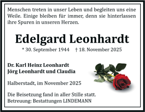 Traueranzeige von Edelgard Leonhardt von Volksstimme Halberstadt