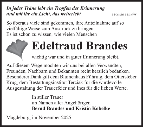 Traueranzeige von Edeltraud Brandes von Volksstimme Magdeburg