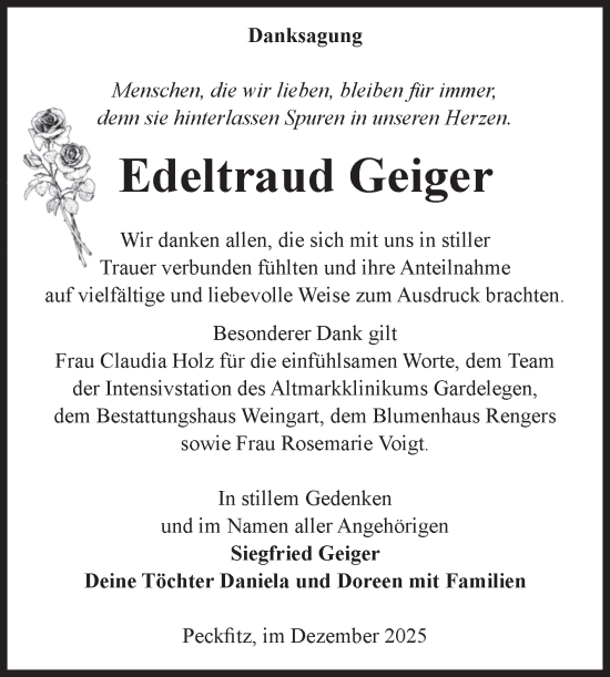 Traueranzeige von Edeltraud Geiger von Volksstimme Altmark West