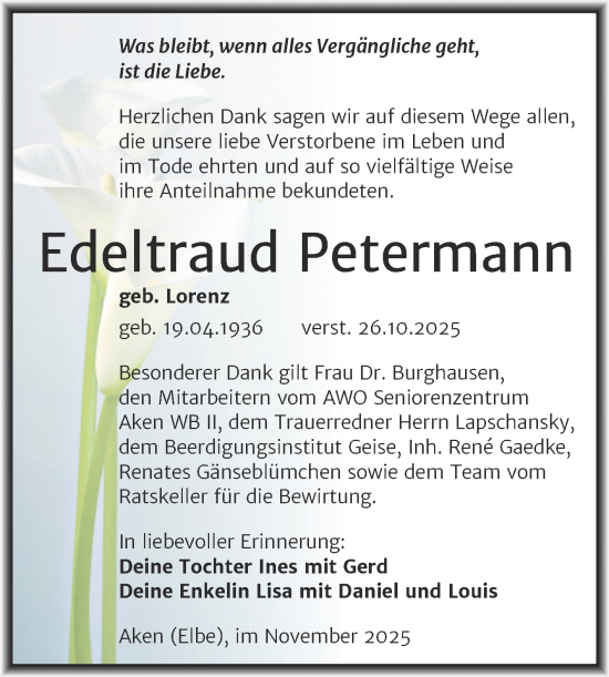 Traueranzeige von Edeltraud Petermann von Trauerkombi Köthen
