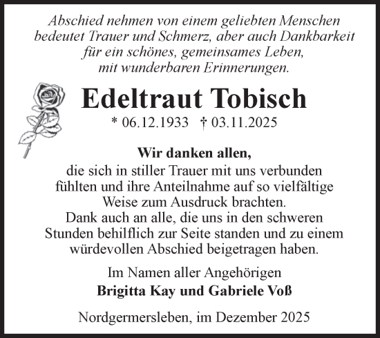 Traueranzeige von Edeltraut Tobisch von Volksstimme Oschersleben/Wanzleben