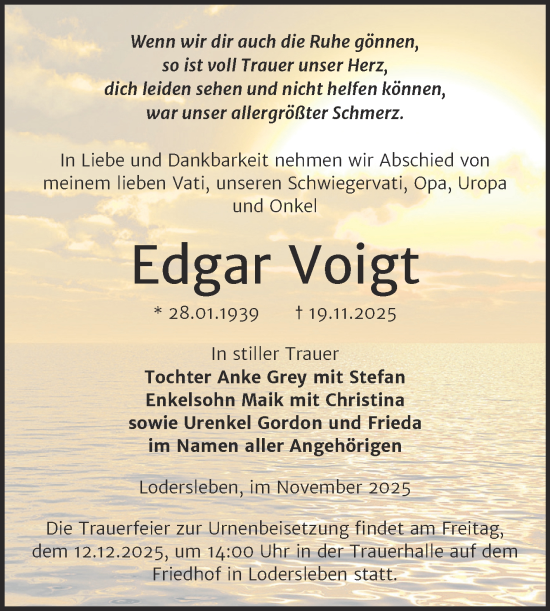 Traueranzeige von Edgar Voigt von Trauerkombi Merseburg