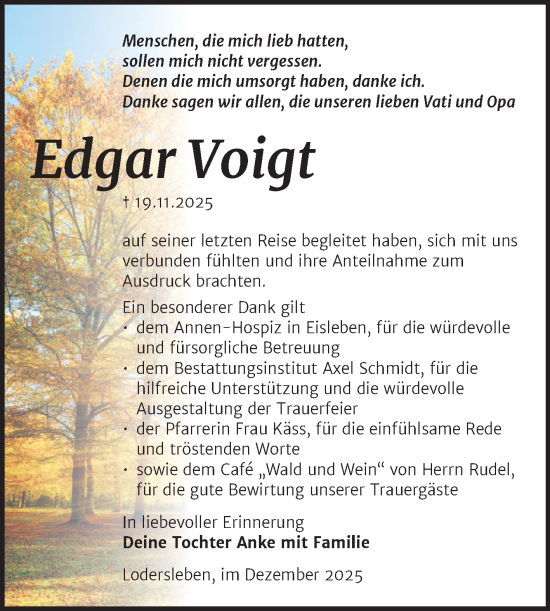 Traueranzeige von Edgar Voigt von Trauerkombi Merseburg