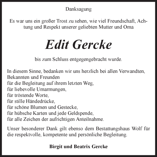 Traueranzeige von Edit Gercke von Volksstimme Altmark Ost
