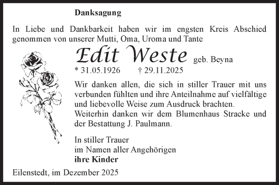 Traueranzeige von Edit Weste von Volksstimme Halberstadt