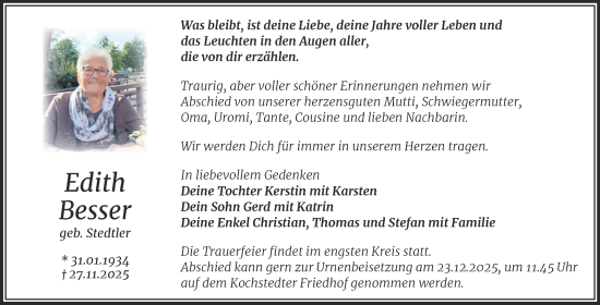 Traueranzeige von Edith Besser von Trauerkombi Dessau