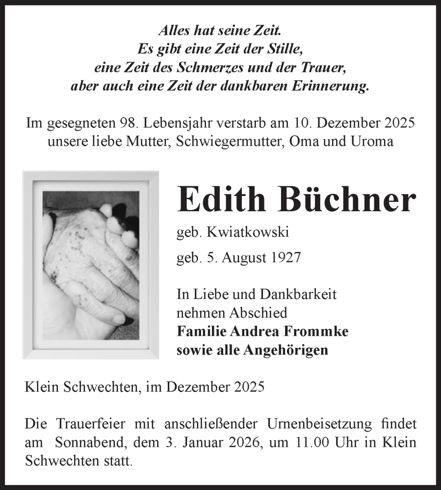  Traueranzeige für Edith Büchner vom 20.12.2025 aus Volksstimme Altmark Ost