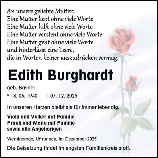 Traueranzeige von Edith Burghardt von Trauerkombi Sangerhausen