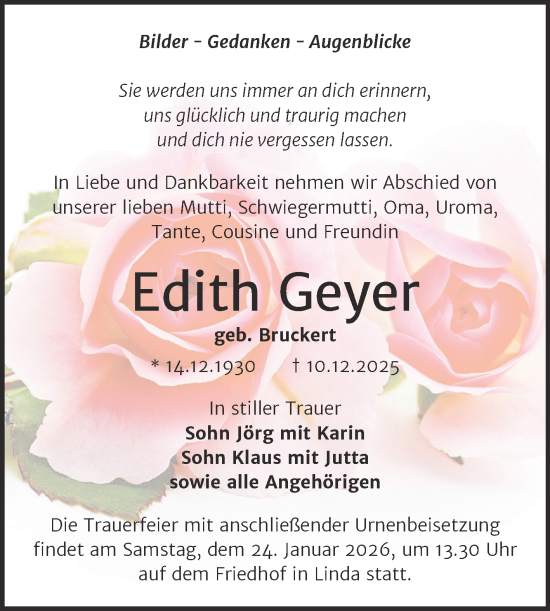 Traueranzeige von Edith Geyer von Trauerkombi Wittenberg