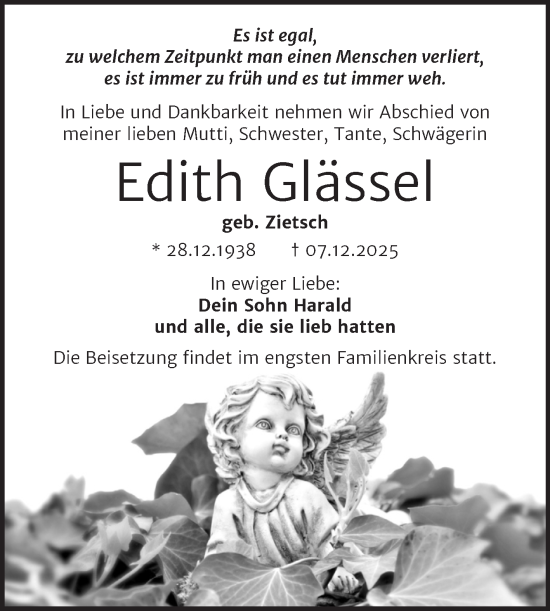 Traueranzeige von Edith Glässel von Trauerkombi Wittenberg