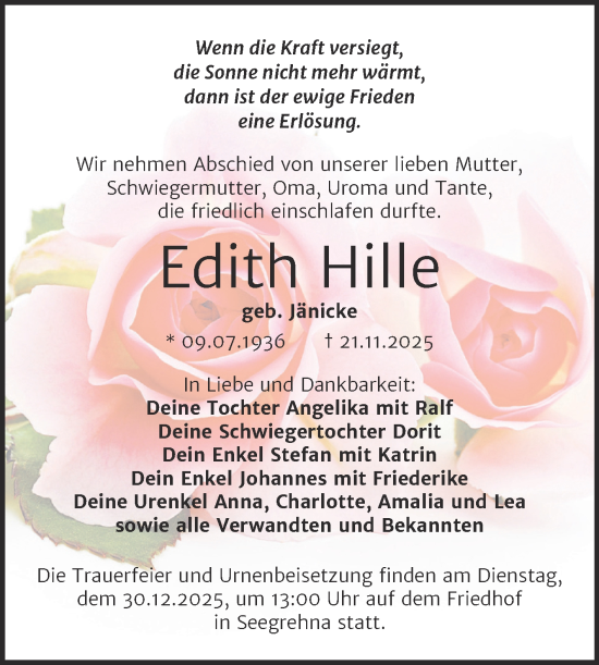 Traueranzeige von Edith Hille von Trauerkombi Wittenberg