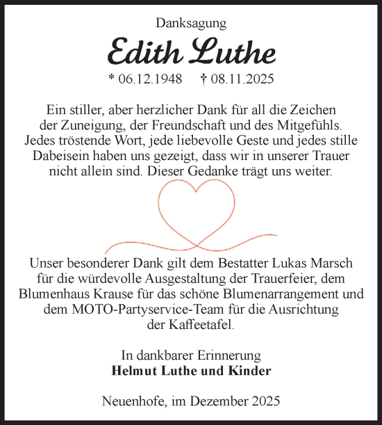 Traueranzeige von Edith Luthe von Volksstimme Haldensleben/Wolmirstedt