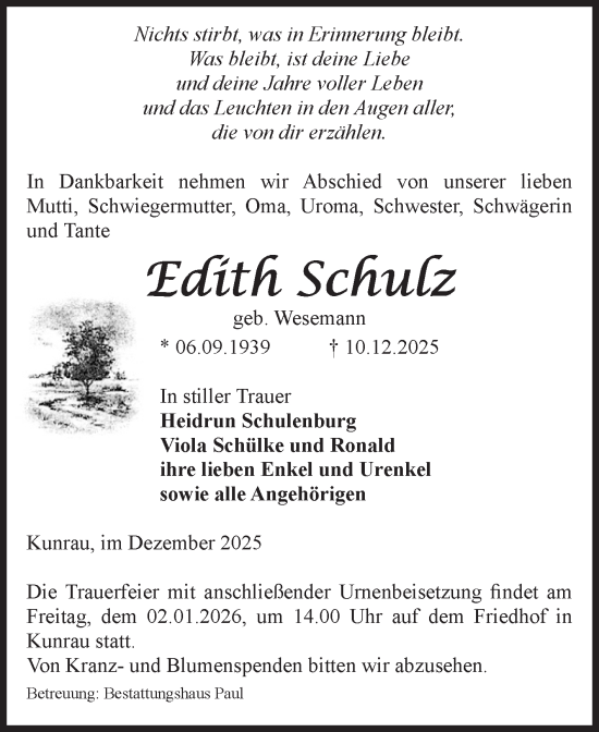Traueranzeige von Edith Schulz von Volksstimme Altmark West