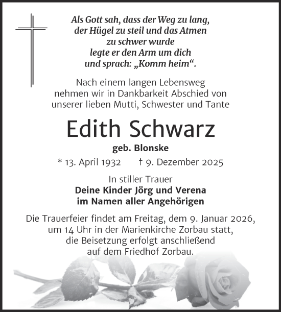 Traueranzeige von Edith Schwarz von Trauerkombi Weißenfels