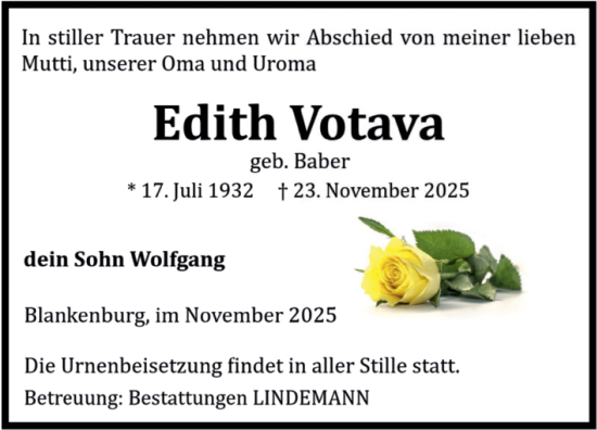 Traueranzeige von Edith Votava von Volksstimme Wernigerode
