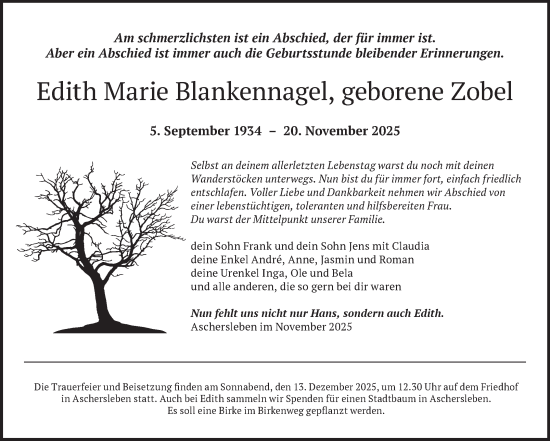Traueranzeige von Edith Marie Blankennagel von Trauerkombi Aschersleben