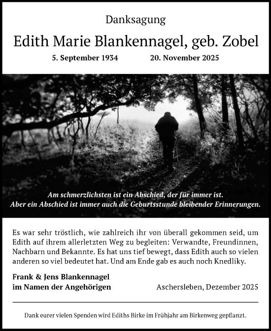Traueranzeige von Edith Marie Blankennagel von Trauerkombi Aschersleben