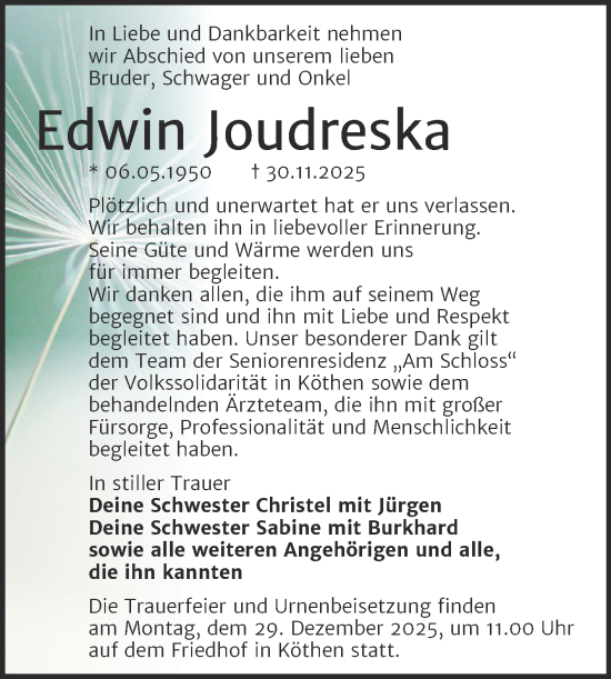 Traueranzeige von Edwin Joudreska von Trauerkombi Köthen