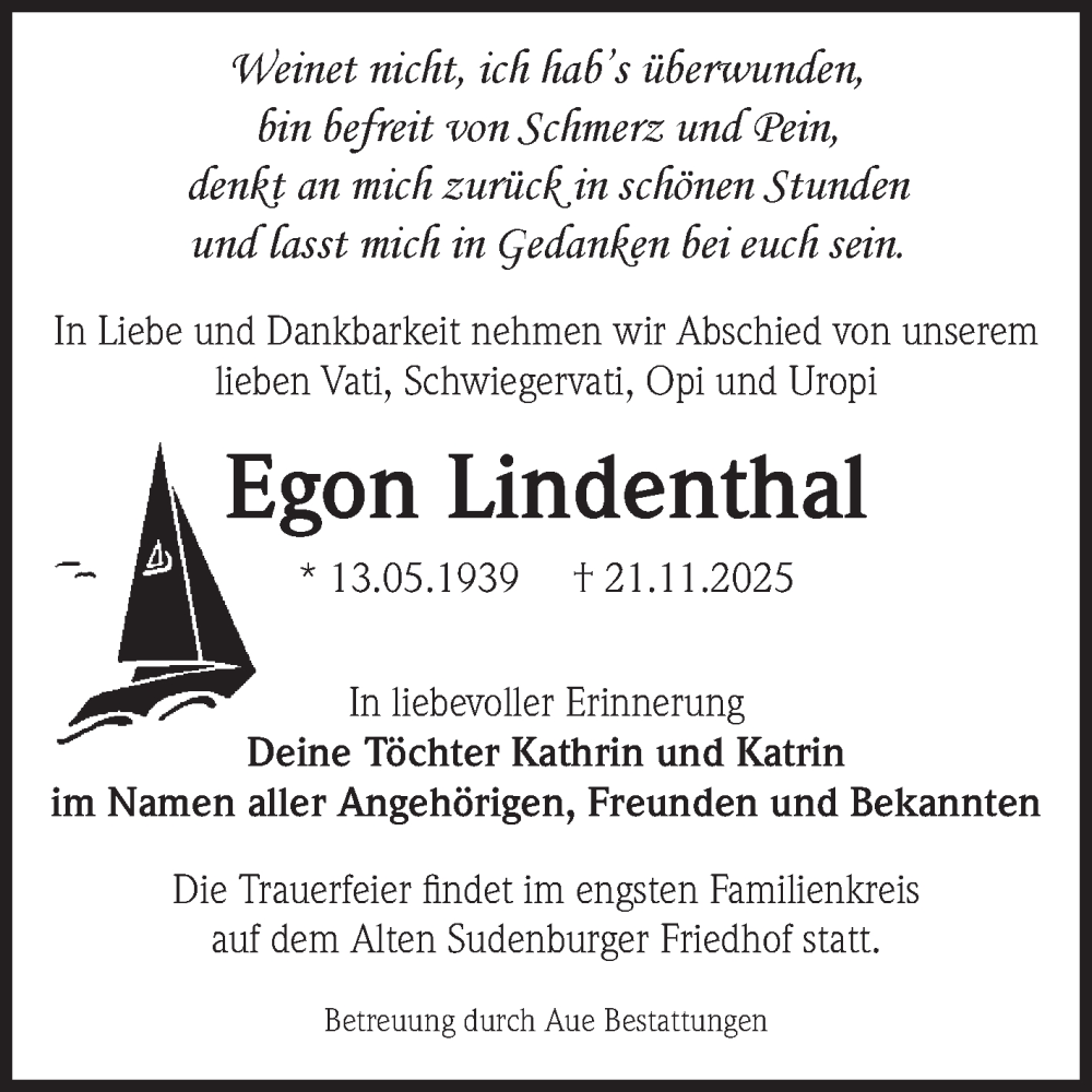  Traueranzeige für Egon Lindenthal vom 06.12.2025 aus Volksstimme Magdeburg