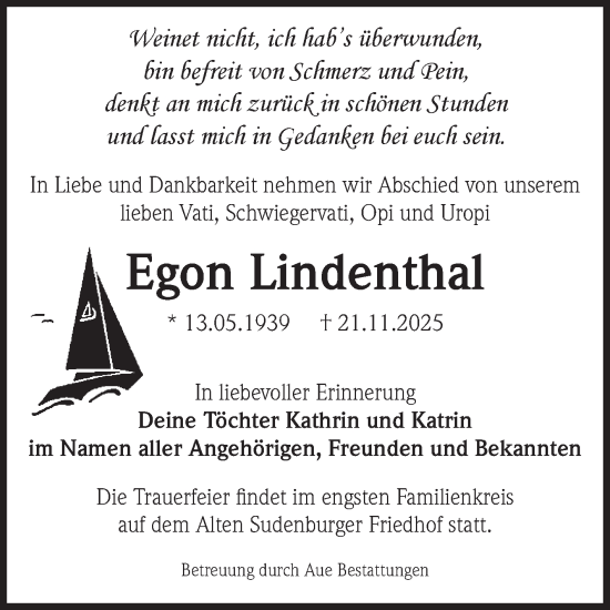 Traueranzeige von Egon Lindenthal von Volksstimme Magdeburg