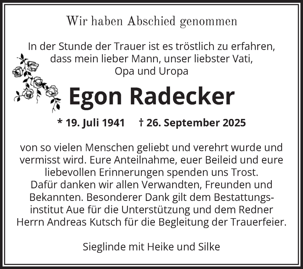  Traueranzeige für Egon Radecker vom 06.12.2025 aus Volksstimme Magdeburg