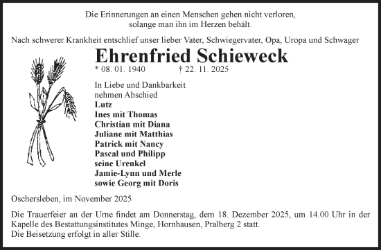 Traueranzeige von Ehrenfried Schieweck von Volksstimme Oschersleben/Wanzleben