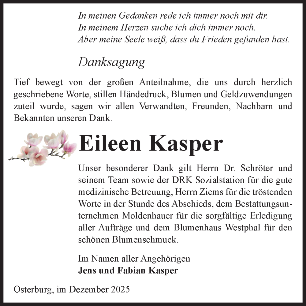 Traueranzeige für Eileen Kasper vom 13.12.2025 aus Volksstimme Altmark Ost