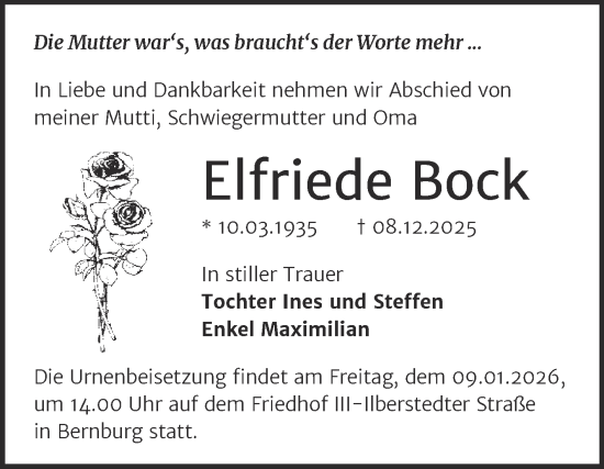 Traueranzeige von Elfriede Bock von Trauerkombi Bernburg