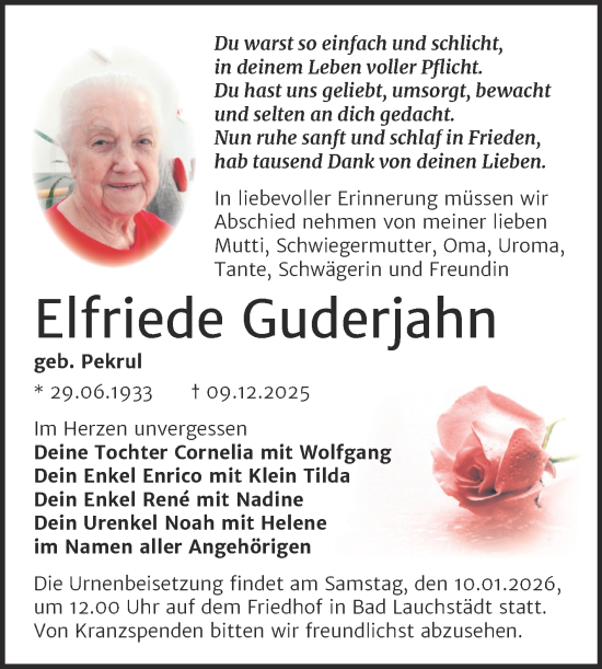 Traueranzeige von Elfriede Guderjahn von Trauerkombi Merseburg