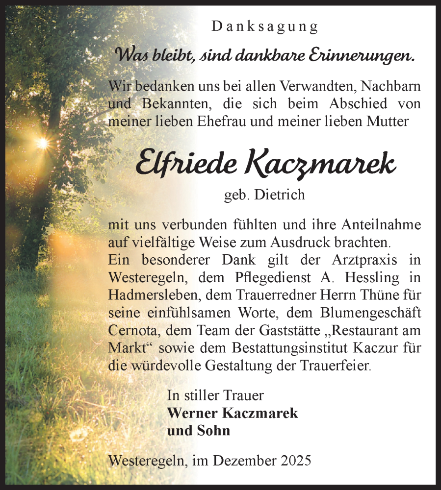  Traueranzeige für Elfriede Kaczmarek vom 13.12.2025 aus Volksstimme Staßfurt