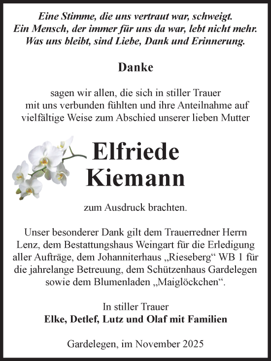 Traueranzeige von Elfriede Kiemann von Volksstimme Altmark West