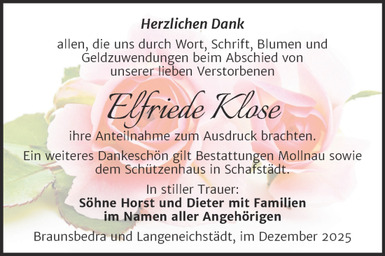 Traueranzeige von Elfriede Klose von Trauerkombi Merseburg