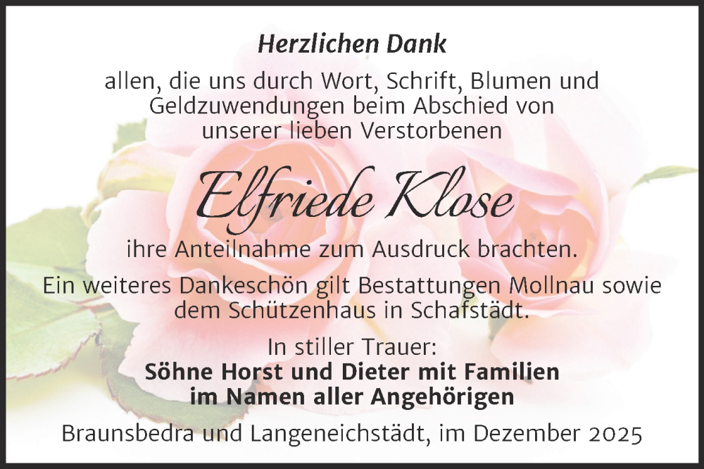  Traueranzeige für Elfriede Klose vom 13.12.2025 aus Trauerkombi Merseburg