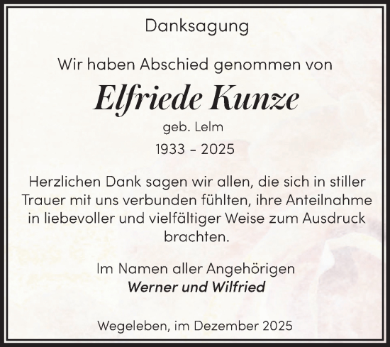 Traueranzeige von Elfriede Kunze von Volksstimme Halberstadt