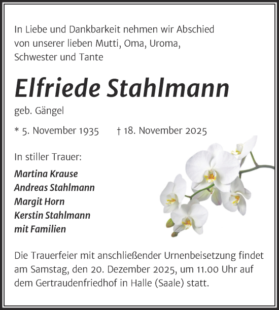 Traueranzeige von Elfriede Stahlmann von Mitteldeutsche Zeitung Halle/Saalkreis