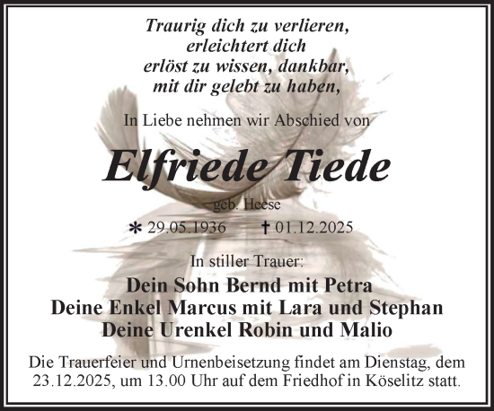 Traueranzeige von Elfriede Tiede von Trauerkombi Wittenberg