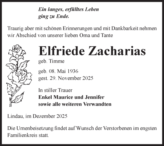Traueranzeige von Elfriede Zacharias von Volksstimme Zerbst