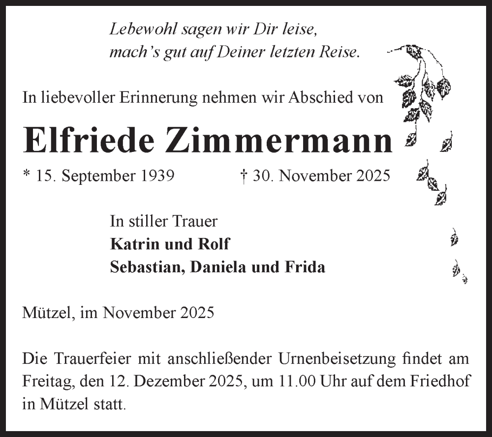  Traueranzeige für Elfriede Zimmermann vom 06.12.2025 aus Volksstimme Burg/Genthin